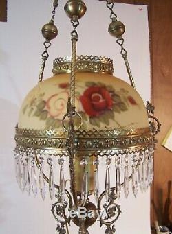 Antique Victorian Brass Hanging Oil Lamp Light w Prisms &Satin Glass Shade elect