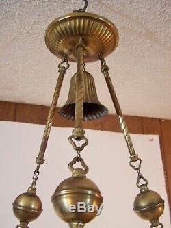 Antique Victorian Brass Hanging Oil Lamp Light w Prisms &Satin Glass Shade elect