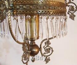 Antique Victorian Brass Hanging Oil Lamp Light w Prisms &Satin Glass Shade elect