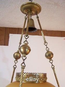 Antique Victorian Brass Hanging Oil Lamp Light w Prisms &Satin Glass Shade elect