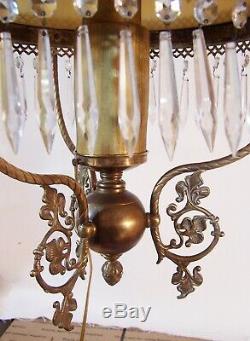 Antique Victorian Brass Hanging Oil Lamp Light w Prisms &Satin Glass Shade elect