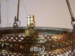 Antique Victorian Brass Hanging Oil Lamp Light w Prisms &Satin Glass Shade elect