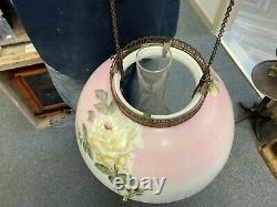 Antique Victorian Brass Hanging Oil Lamp With Pink Floral Shade Electrified