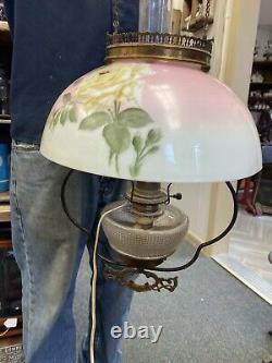 Antique Victorian Brass Hanging Oil Lamp With Pink Floral Shade Electrified