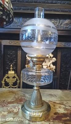 Antique Victorian Brass Oil Lamp / Glass Reservoir / glass etched globe