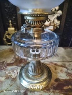 Antique Victorian Brass Oil Lamp / Glass Reservoir / glass etched globe