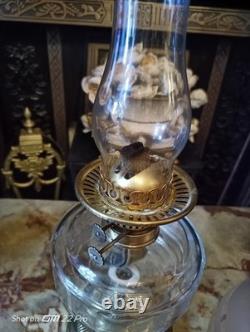 Antique Victorian Brass Oil Lamp / Glass Reservoir / glass etched globe
