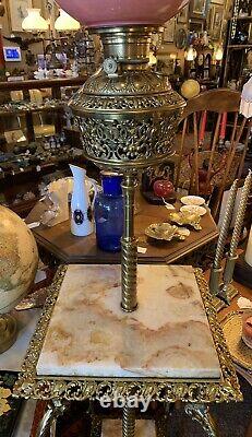 Antique Victorian Brass Onyx Bradley & Hubbard Piano Floor Oil Lamp