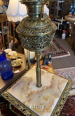 Antique Victorian Brass Onyx Bradley & Hubbard Piano Floor Oil Lamp