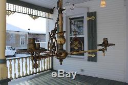 Antique Victorian Brass Triple Hanging Oil Lamp Ornate Bracket Now Electric