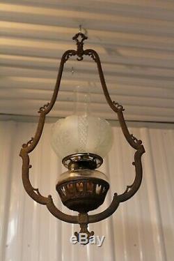 Antique Victorian Cast Iron Hanging Oil Lamp Bracket Oil Lamp Font And Shade