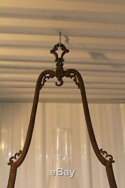 Antique Victorian Cast Iron Hanging Oil Lamp Bracket Oil Lamp Font And Shade