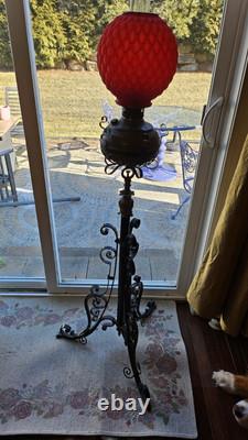 Antique Victorian Cast Iron Oil Lamp with Red Glass Shade Ornate & Rare