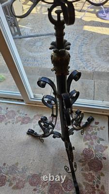 Antique Victorian Cast Iron Oil Lamp with Red Glass Shade Ornate & Rare