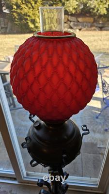 Antique Victorian Cast Iron Oil Lamp with Red Glass Shade Ornate & Rare