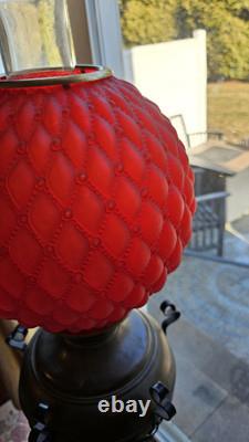 Antique Victorian Cast Iron Oil Lamp with Red Glass Shade Ornate & Rare