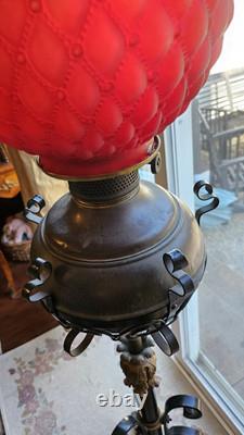 Antique Victorian Cast Iron Oil Lamp with Red Glass Shade Ornate & Rare