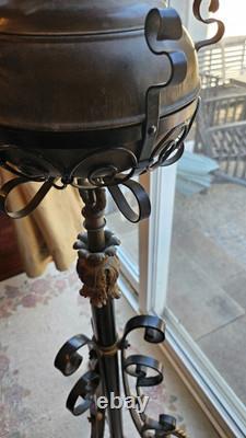 Antique Victorian Cast Iron Oil Lamp with Red Glass Shade Ornate & Rare