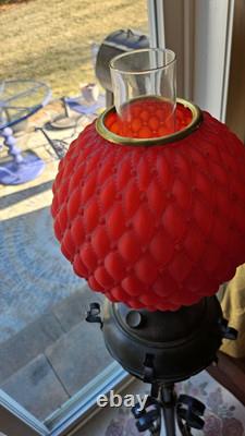 Antique Victorian Cast Iron Oil Lamp with Red Glass Shade Ornate & Rare
