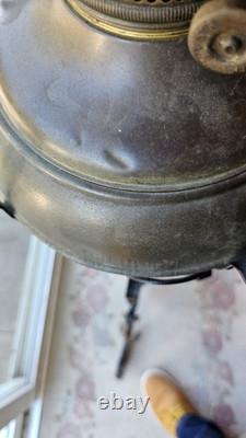 Antique Victorian Cast Iron Oil Lamp with Red Glass Shade Ornate & Rare