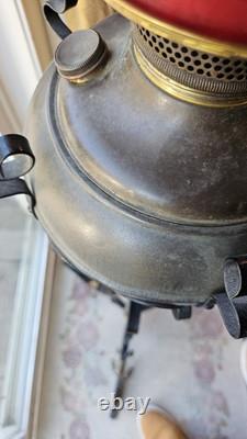 Antique Victorian Cast Iron Oil Lamp with Red Glass Shade Ornate & Rare