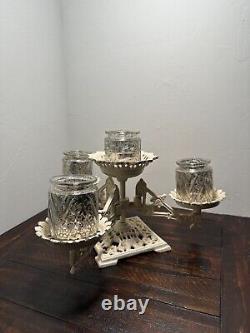 Antique Victorian Cast Iron Swing Arm Oil Lamp / Planter Stand & Glasses
