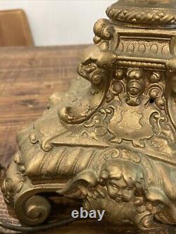 Antique Victorian Cherub Brass Electrified Oil Lamp Ornate