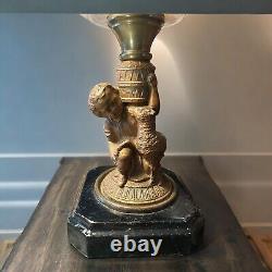 Antique Victorian Cherub Figure Oil Lamp Clear Glass Bowl & Figural Bronze Base