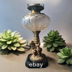 Antique Victorian Cherub Figure Oil Lamp Clear Glass Bowl & Figural Bronze Base