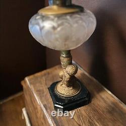 Antique Victorian Cherub Figure Oil Lamp Clear Glass Bowl & Figural Bronze Base