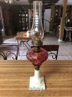 Antique Victorian Coin Spot Cranberry Glass Oil lamp Hobbs Glass