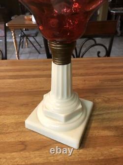 Antique Victorian Coin Spot Cranberry Glass Oil lamp Hobbs Glass