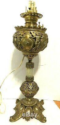 Antique Victorian Converted Oil Lamp-Dore Bronze Brass Rococo-Angels Cherubs