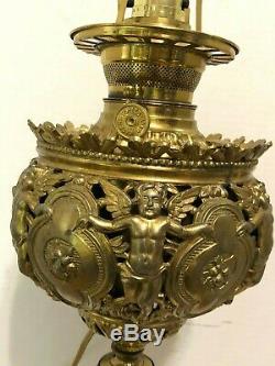 Antique Victorian Converted Oil Lamp-Dore Bronze Brass Rococo-Angels Cherubs