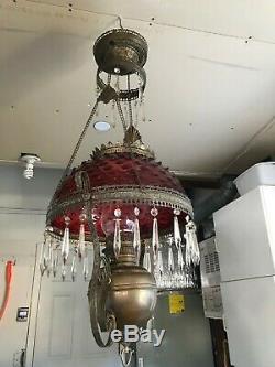 Antique Victorian Cranberry B&H Hobnail Hanging Oil Lamp