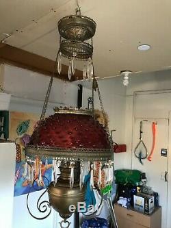 Antique Victorian Cranberry B&H Hobnail Hanging Oil Lamp