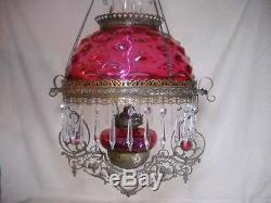 Antique Victorian Cranberry Bullseye Hanging Converted Oil Lamp with Matching Font