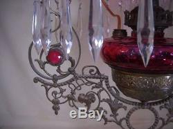 Antique Victorian Cranberry Bullseye Hanging Converted Oil Lamp with Matching Font