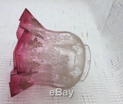 Antique Victorian Cranberry Etched Glass Oil Lamp Shade