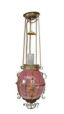 Antique Victorian Cranberry Glass Parlor Oil Lamp Pendant Light Chandelier