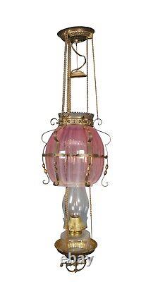 Antique Victorian Cranberry Glass Parlor Oil Lamp Pendant Light Chandelier