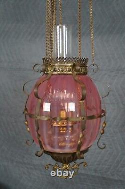 Antique Victorian Cranberry Glass Parlor Oil Lamp Pendant Light Chandelier