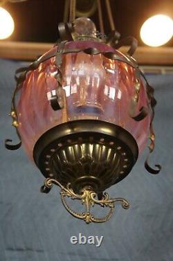 Antique Victorian Cranberry Glass Parlor Oil Lamp Pendant Light Chandelier