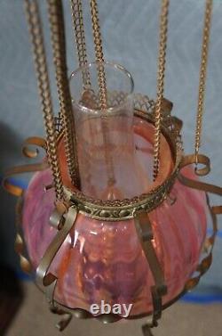 Antique Victorian Cranberry Glass Parlor Oil Lamp Pendant Light Chandelier