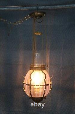 Antique Victorian Cranberry Glass Parlor Oil Lamp Pendant Light Chandelier