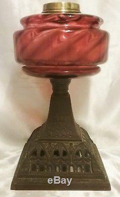 Antique Victorian Cranberry Ruby glass oil lamp reservoir font & facetted rim