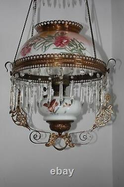 Antique Victorian Drop Down Oil Lamp Chandelier Porcelain Globe Crystals
