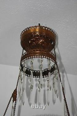 Antique Victorian Drop Down Oil Lamp Chandelier Porcelain Globe Crystals