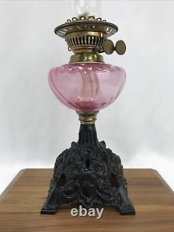 Antique Victorian Duplex Oil Lamp Pink Cranberry Glass Double Wick, Floral Base