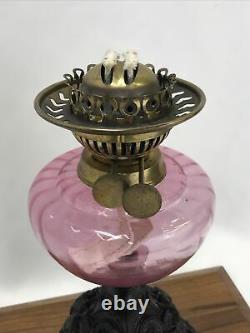 Antique Victorian Duplex Oil Lamp Pink Cranberry Glass Double Wick, Floral Base